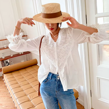 Load image into Gallery viewer, Lily White Bohemian Blouse Lantern Sleeve V Neck Lace Blouses
