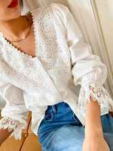 Load image into Gallery viewer, Lily White Bohemian Blouse Lantern Sleeve V Neck Lace Blouses
