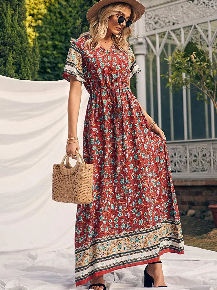 Wildara Red Floral Print Bohemian Maxi Dress