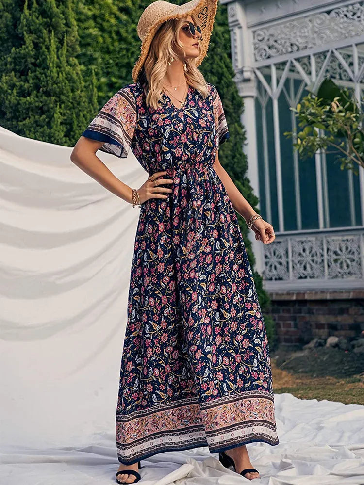 Wildara Deep Blue Floral Print Bohemian Maxi Dress