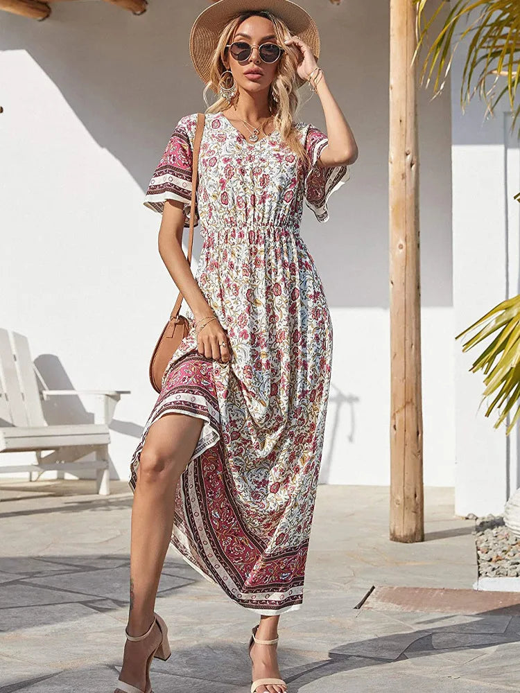 Wildara Beige Floral Print Bohemian Maxi Dress