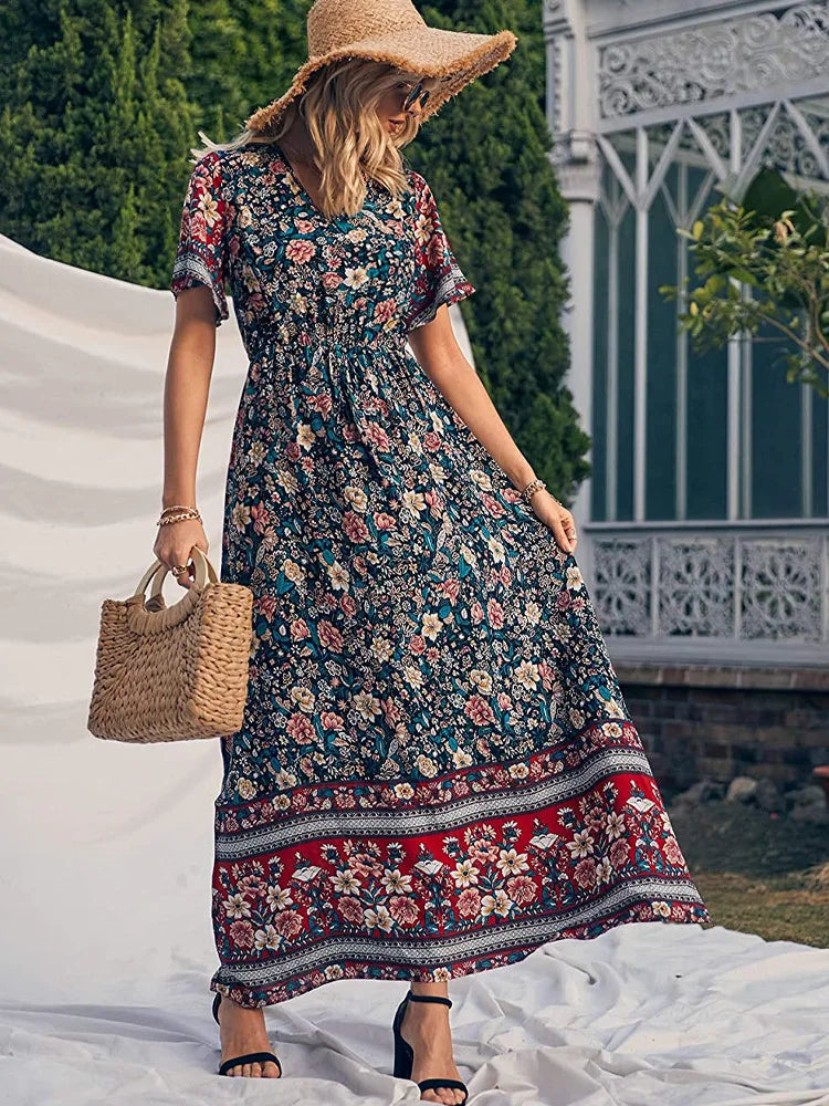 Wildara Lake Blue Floral Print Bohemian Maxi Dress