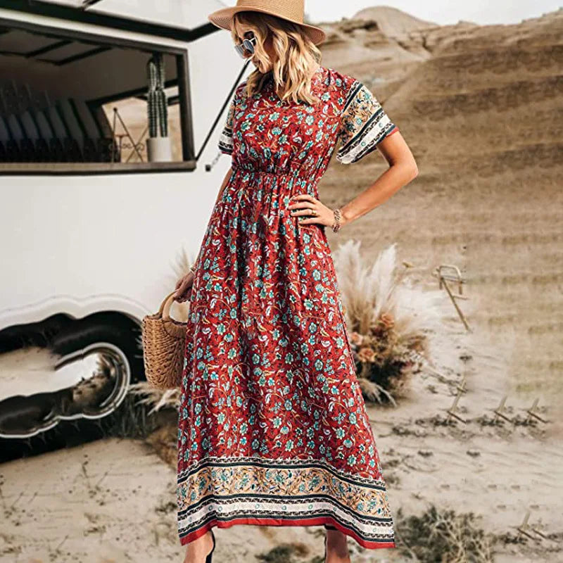 Wildara Red Floral Print Bohemian Maxi Dress Coco Nomad